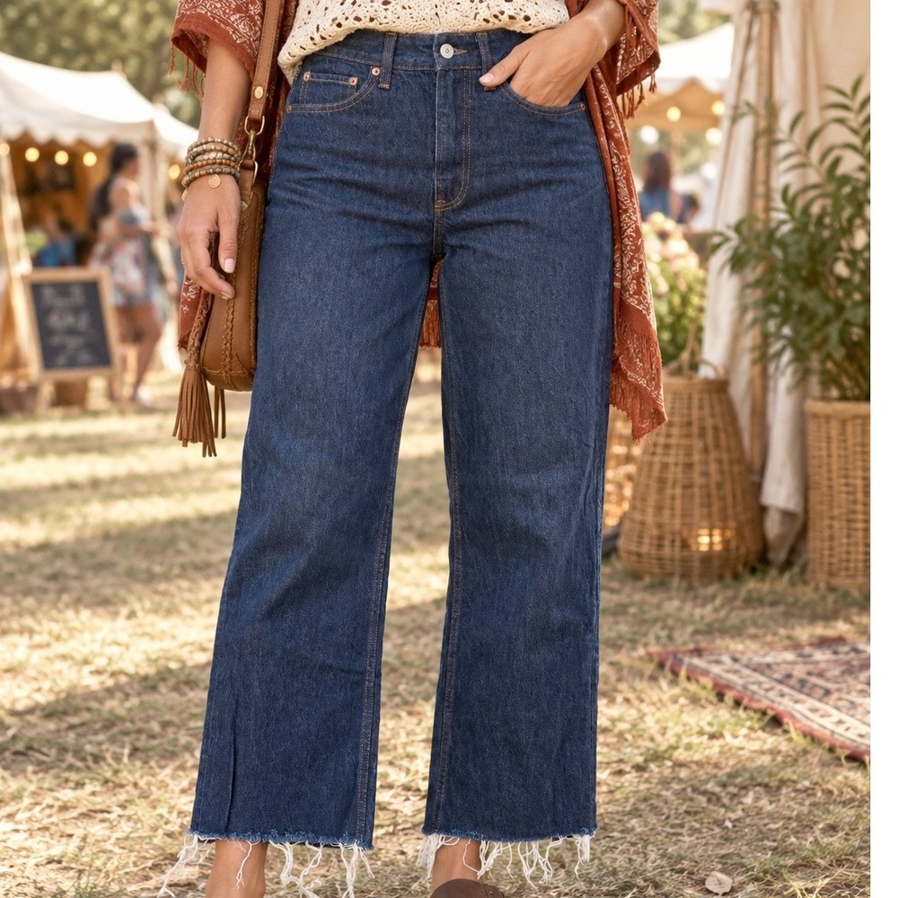 Abercrombie & Fitch Curve Love Loose High Rise Jeans Dark Wash Raw Hem 25  Crop